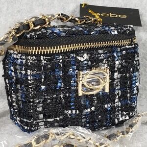 Bebe Kamala Mini Tweed Vanity Case Crossbody Bag Black Sequin Gold Chain NWT